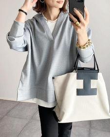 Vネック パーカー レディース サイドスリット フーディー 無地 シンプル ゆったり 長袖 スウェット トップス カジュアル おしゃれ 大人女子 通勤 通学 OL 体型カバー きれいめ 上品 ベーシック 秋冬 ナチュラル ファッション 着回し 楽ちん 大人可愛い デイリーコーデ ID1616