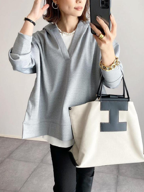 Vネック パーカー レディース サイドスリット フーディー 無地 シンプル ゆったり 長袖 スウェット トップス カジュアル おしゃれ 大人女子 通勤 通学 OL 体型カバー きれいめ 上品 ベーシック 秋冬 ナチュラル ファッション 着回し 楽ちん 大人可愛い デイリーコーデ ID1616