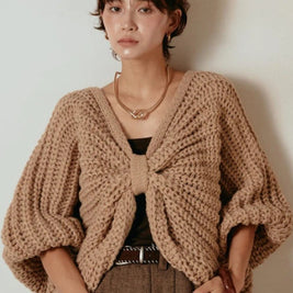 2WAY リボン モチーフ 畦編み ニット ポンチョ ケープ レディース フロントデザイン ゆったり 体型カバー おしゃれ 秋冬 新作 トップス ID2089