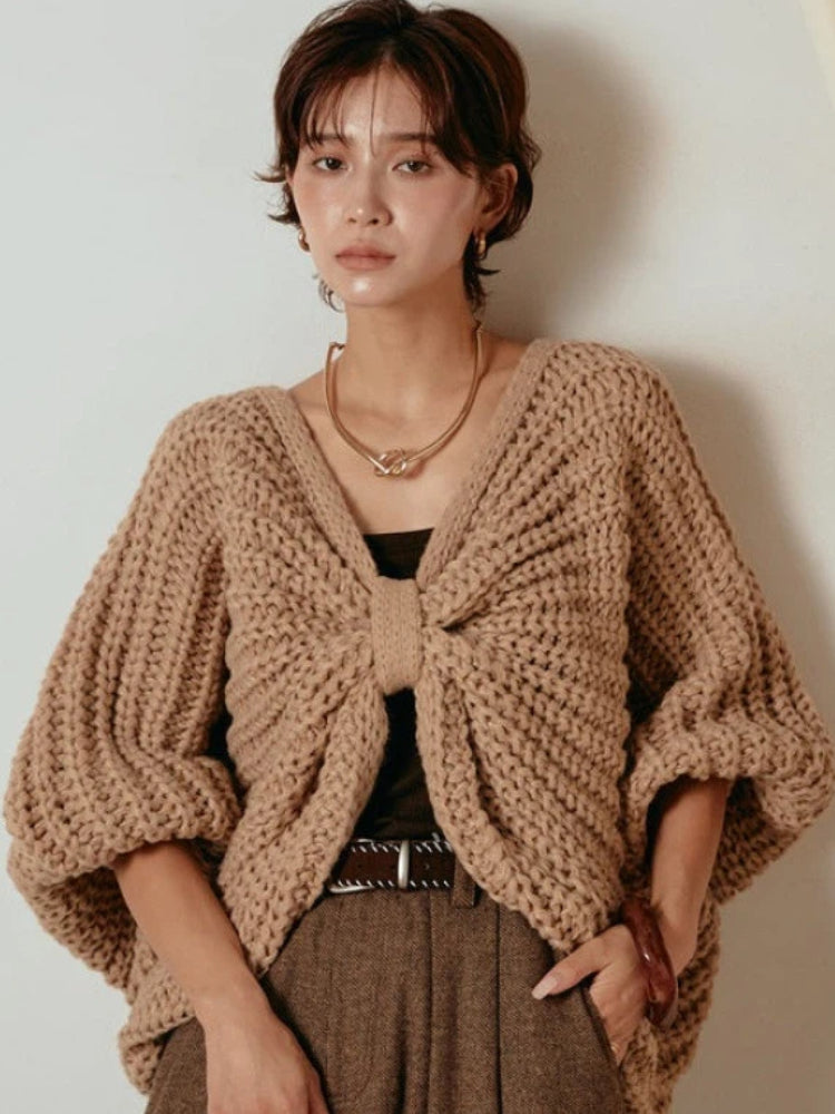 2WAY リボン モチーフ 畦編み ニット ポンチョ ケープ レディース フロントデザイン ゆったり 体型カバー おしゃれ 秋冬 新作 トップス ID2089