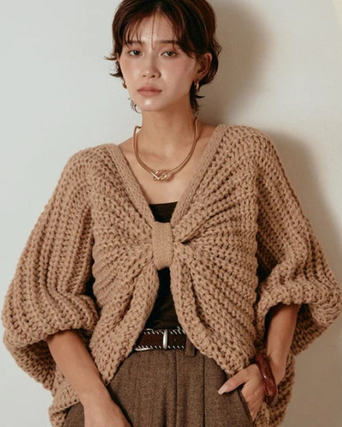 2WAY リボン モチーフ 畦編み ニット ポンチョ ケープ レディース フロントデザイン ゆったり 体型カバー おしゃれ 秋冬 新作 トップス ID2089