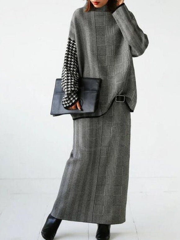 2点セット レディース 千鳥柄 ニットトップス セーター 半高ネック 長袖 + タイトスカート ニットスカート 上下セット 大人女子 きれいめ 通勤 カジュアル 体型カバー 秋冬 人気 ID1389