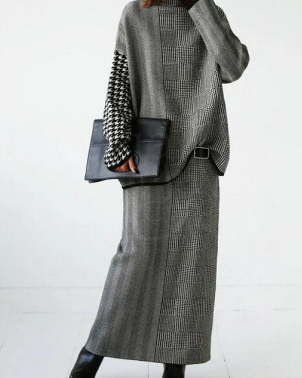 2点セット レディース 千鳥柄 ニットトップス セーター 半高ネック 長袖 + タイトスカート ニットスカート 上下セット 大人女子 きれいめ 通勤 カジュアル 体型カバー 秋冬 人気 ID1389