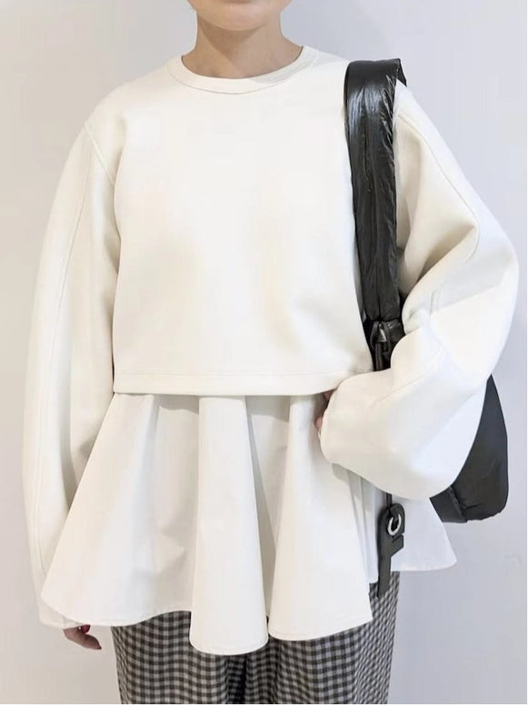 3色展開 異素材切替 プルオーバー レディース 偽レイヤード風 スウェット フリル 裾フレア 長袖 カジュアル 体型カバー おしゃれ 春秋冬 新作 ID1744