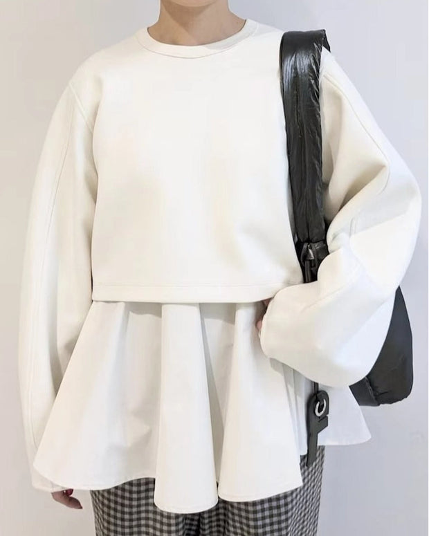 3色展開 異素材切替 プルオーバー レディース 偽レイヤード風 スウェット フリル 裾フレア 長袖 カジュアル 体型カバー おしゃれ 春秋冬 新作 ID1744