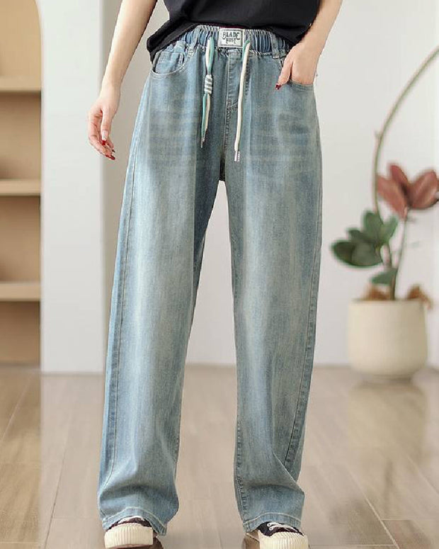 デニムパンツ レディース ワイドパンツ ストレートパンツ テーパード ゆったり ハイウエスト ゴムウエスト ドローストリング カジュアル 体型カバー 通勤 通学 お出かけ 旅行 春夏秋コーデ おしゃれ 大人女子 ID1476