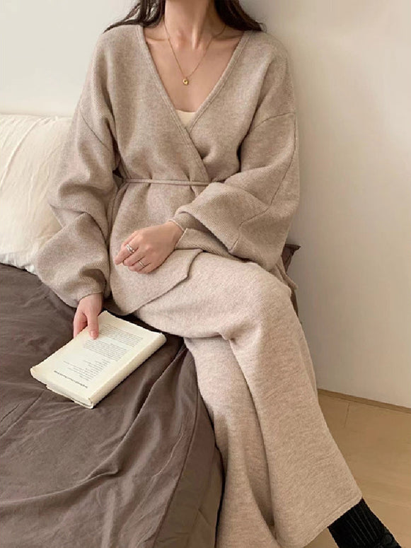 3色展開 2点セット Vネック ニットカーディガン+ワイドパンツ レディース セットアップ 体型カバー ゆったり リラックス カジュアル 大人女子 秋冬 ID1523