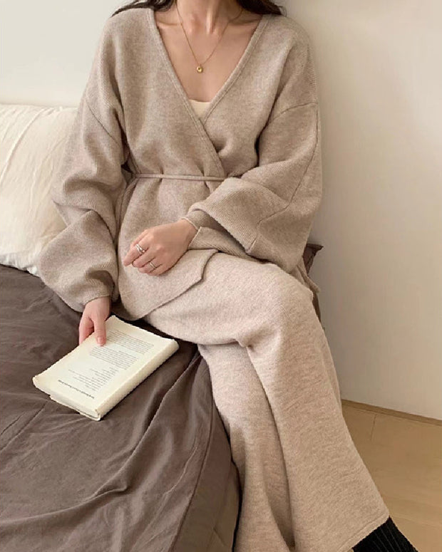 3色展開 2点セット Vネック ニットカーディガン+ワイドパンツ レディース セットアップ 体型カバー ゆったり リラックス カジュアル 大人女子 秋冬 ID1523