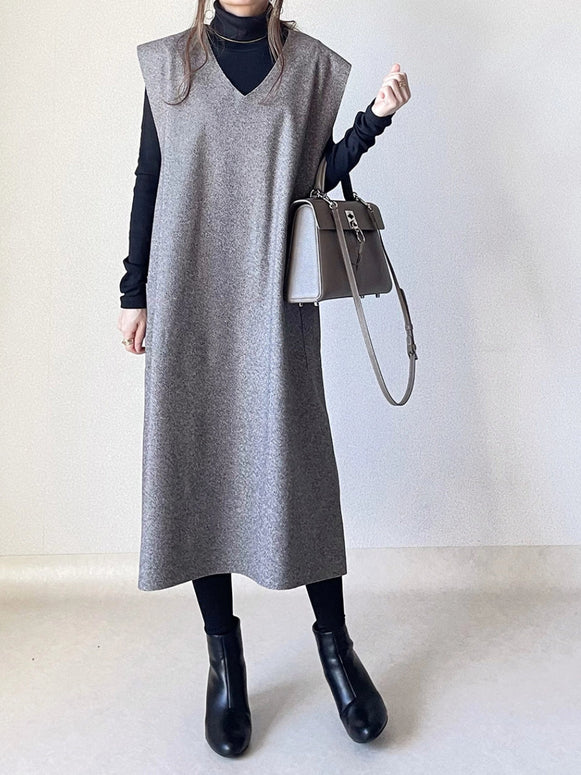 【2点セット】Vネック 無地 ノースリーブ ワンピース+ハイネック セーター レディース  レイヤード ポケット付き エレガント 大人 カジュアル ID1643