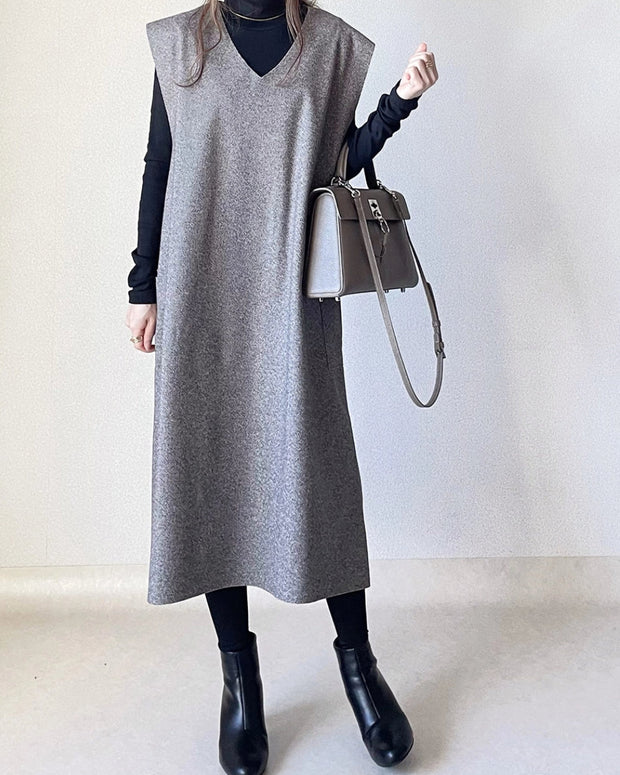 【2点セット】Vネック 無地 ノースリーブ ワンピース+ハイネック セーター レディース  レイヤード ポケット付き エレガント 大人 カジュアル ID1643