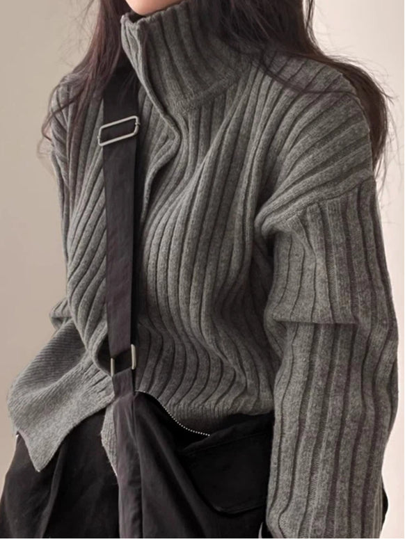ハーフジップ リブニット レディース セーター プルオーバー 長袖 伸縮性 暖かい きれいめ 大人カジュアル 通勤 通学 オフィス 冬服 秋冬 コーデ トレンド ニットトップス ID2205