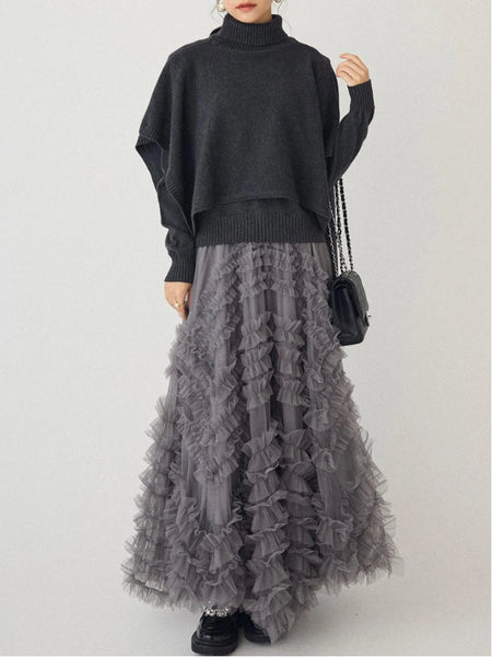 「年末前の大感謝祭」ふわふわ ニット セットアップ ロングスカート レディース 上品 可愛い フリル チュール 体型カバー ニットトップス 秋冬新作 ID2235
