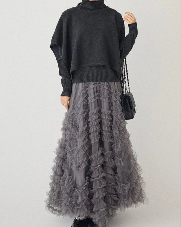 「年末前の大感謝祭」ふわふわ ニット セットアップ ロングスカート レディース 上品 可愛い フリル チュール 体型カバー ニットトップス 秋冬新作 ID2235