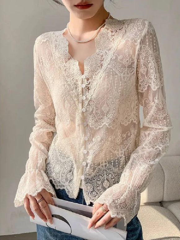 Vネック レース ブラウス レディース 長袖 シースルー 透け感 インナー トップス エレガント フェミニン おしゃれ 重ね着 高級感 大人女子 カジュアル ID1546