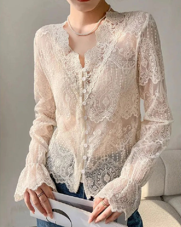 Vネック レース ブラウス レディース 長袖 シースルー 透け感 インナー トップス エレガント フェミニン おしゃれ 重ね着 高級感 大人女子 カジュアル ID1546