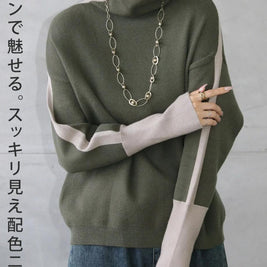 配色ライン ニット トップス ハイネック ゆったり 体型カバー 大人カジュアル 秋冬 新作 ID2240