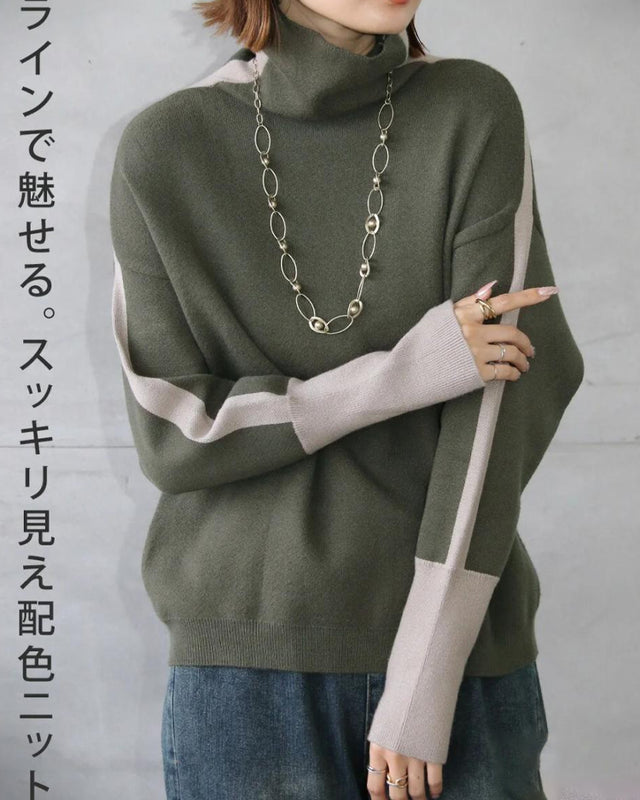 配色ライン ニット トップス ハイネック ゆったり 体型カバー 大人カジュアル 秋冬 新作 ID2240