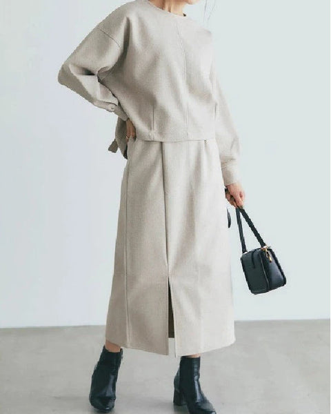 2点セット 毛混 リボンバックトップス ＋ スリット入りタイトスカート レディース セットアップ きれいめ 上品 通勤 体型カバー ゆったり シンプル フェミニン 秋冬 新作 ID2016