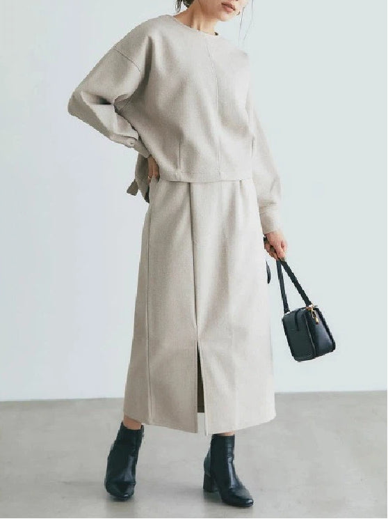 2点セット 毛混 リボンバックトップス ＋ スリット入りタイトスカート レディース セットアップ きれいめ 上品 通勤 体型カバー ゆったり シンプル フェミニン 秋冬 新作 ID2016