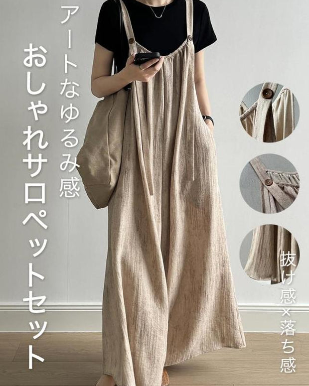 【321】[最終在庫セール·3点セットで即コーデ完成！]  リネン混 キャミサロペット＆シアーカーディガン セットアップ ゆったり体型カバー 2025春夏新作 レディース ナチュラルな抜け感×落ち感シルエット