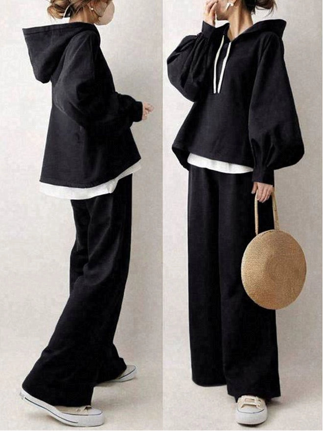「半額セール対象」2点SET 3色展開 秋コーデ ランタンスリーブ 長袖 フード付き パーカー+無地 シンプル スウェット パンツセット 秋コーデ 秋服 ID1796