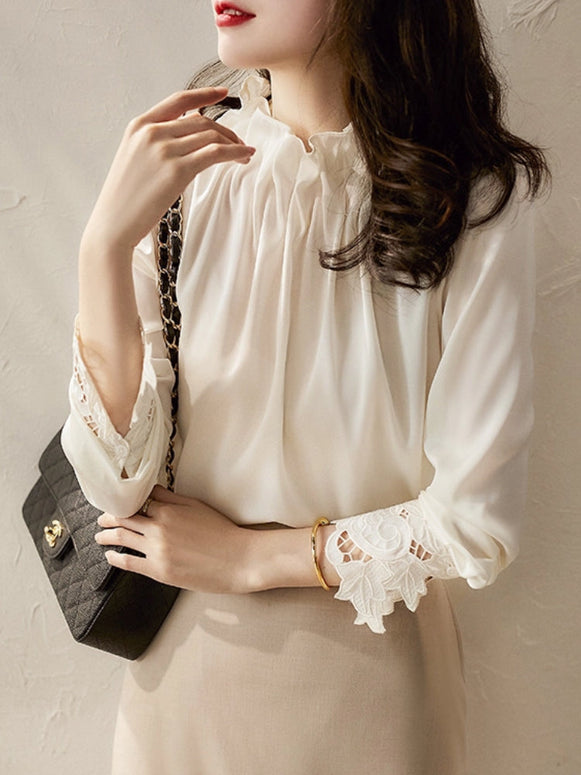 ブラウス レディース 長袖 ハイネック フリルネック レース袖 シャツ エレガント 上品 通勤 オフィス カジュアル 春秋 ID1590