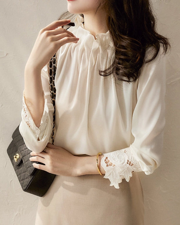 ブラウス レディース 長袖 ハイネック フリルネック レース袖 シャツ エレガント 上品 通勤 オフィス カジュアル 春秋 ID1590