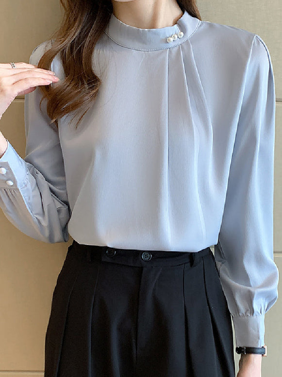 スタンドカラー シャツ レディース 長袖 ブラウス オフィス 通勤 フォーマル 入学式 卒業式 入園式 体型カバー エレガント ID1580