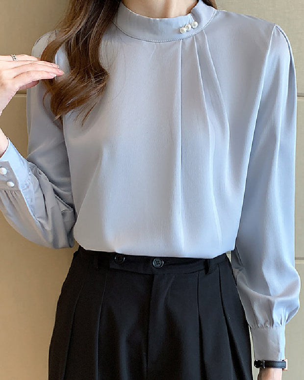 スタンドカラー シャツ レディース 長袖 ブラウス オフィス 通勤 フォーマル 入学式 卒業式 入園式 体型カバー エレガント ID1580