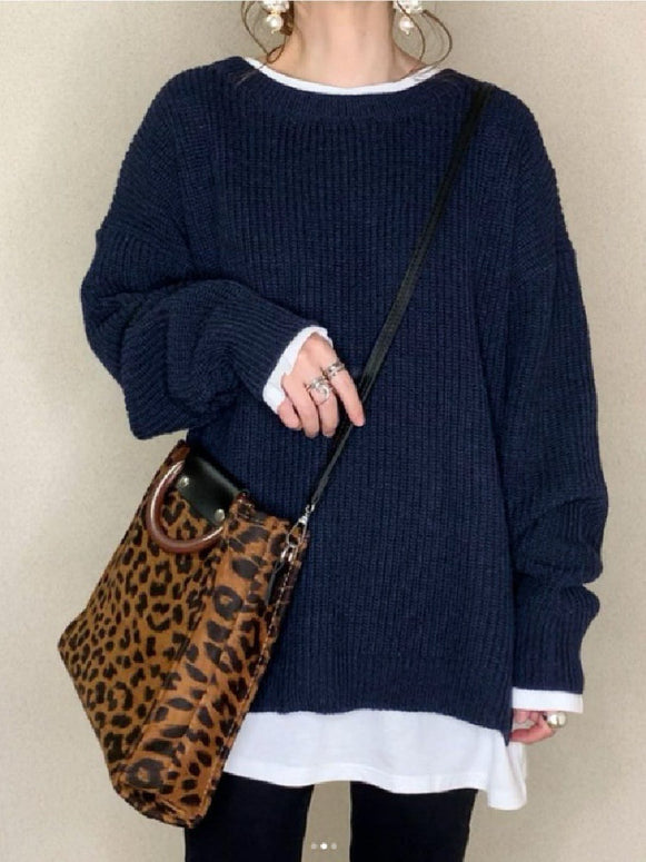 異素材切り替え ニットトップス レディース 長袖 セーター ゆったり シンプル 体型カバー 重ね着風 カジュアル おしゃれ きれいめ 秋冬 新作 ID1922