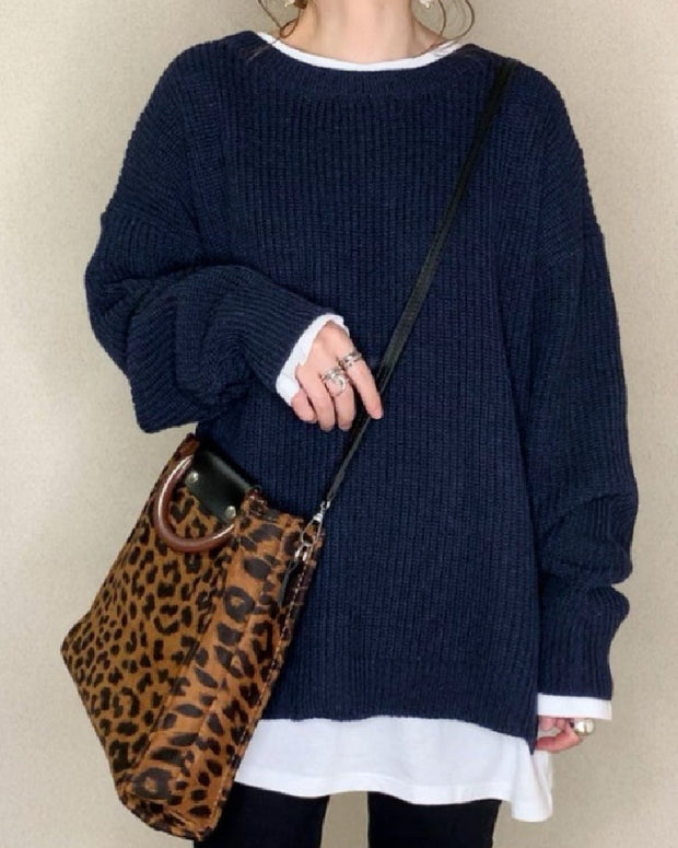 異素材切り替え ニットトップス レディース 長袖 セーター ゆったり シンプル 体型カバー 重ね着風 カジュアル おしゃれ きれいめ 秋冬 新作 ID1922