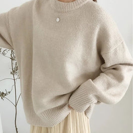 クルーネック ニット セーター レディース 長袖 ゆったり シンプル 無地 体型カバー 大人カジュアル 秋冬 新作 ID2132