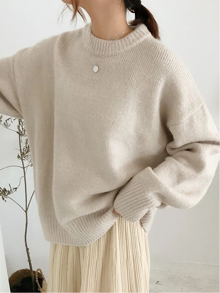 クルーネック ニット セーター レディース 長袖 ゆったり シンプル 無地 体型カバー 大人カジュアル 秋冬 新作 ID2132