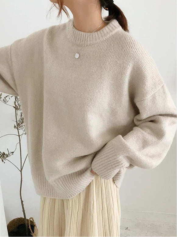 クルーネック ニット セーター レディース 長袖 ゆったり シンプル 無地 体型カバー 大人カジュアル 秋冬 新作 ID2132