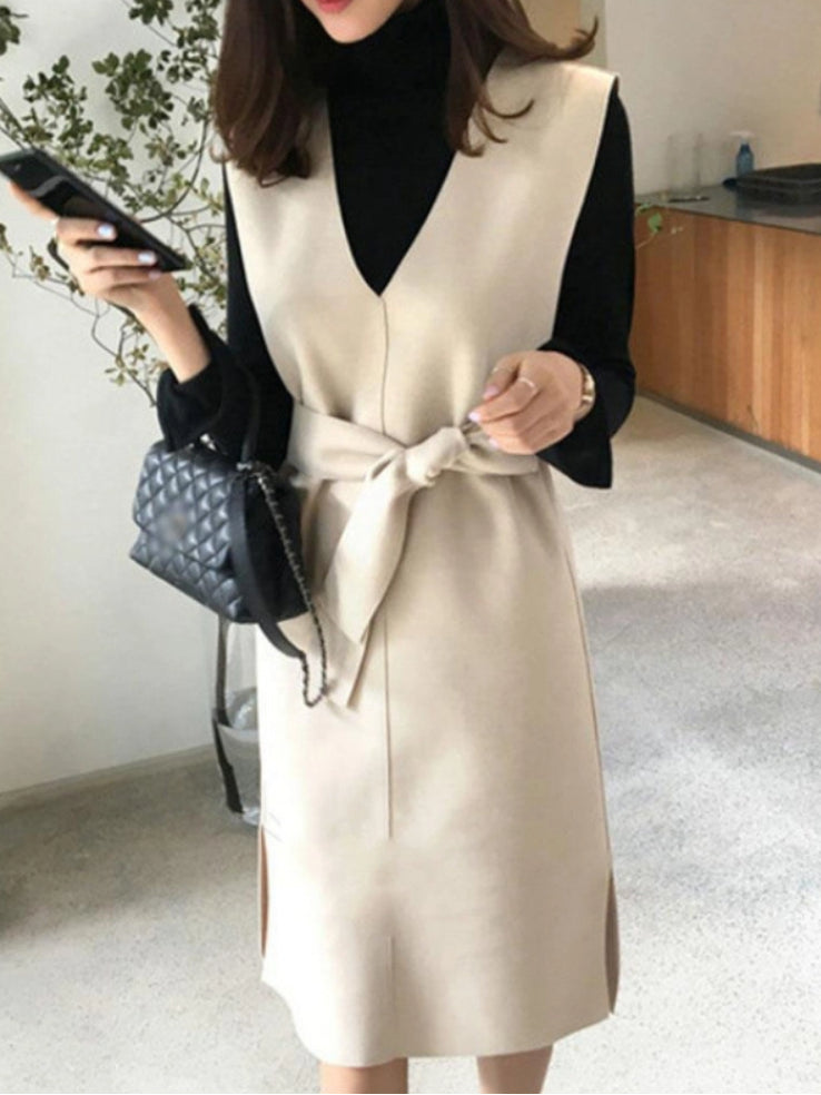 Vネック ノースリーブ ワンピース レディース ひざ丈 リボンベルト付き フェイクウール きれいめ 上品 通勤 オフィス カジュアル 体型カバー 秋冬 新作 人気 ID1872