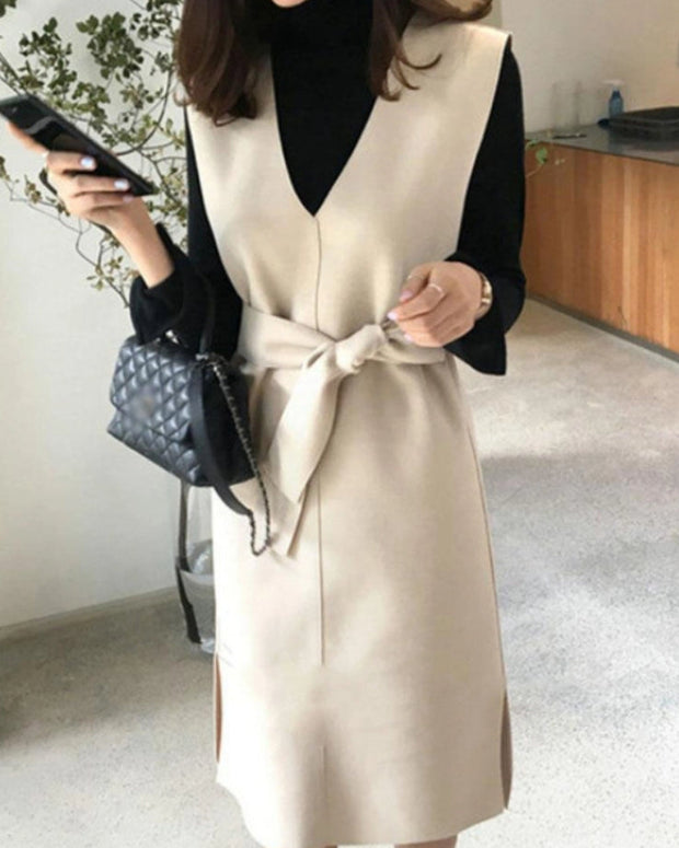 Vネック ノースリーブ ワンピース レディース ひざ丈 リボンベルト付き フェイクウール きれいめ 上品 通勤 オフィス カジュアル 体型カバー 秋冬 新作 人気 ID1872