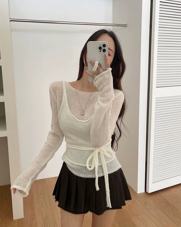 ウエストリボン ニット レディース スリム見え シアー やわらか きれいめ トップス レイヤード風 おしゃれ 可愛い ID2186