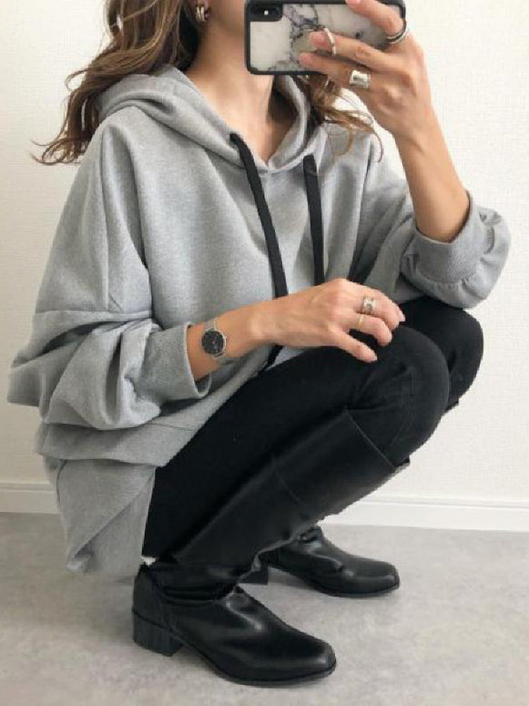 パーカー レディース 長袖 フード付き スウェット ゆったり 無地 グレー 体型カバー カジュアル トップス シンプル 重ね着風 おしゃれ 秋冬新作 ID1752