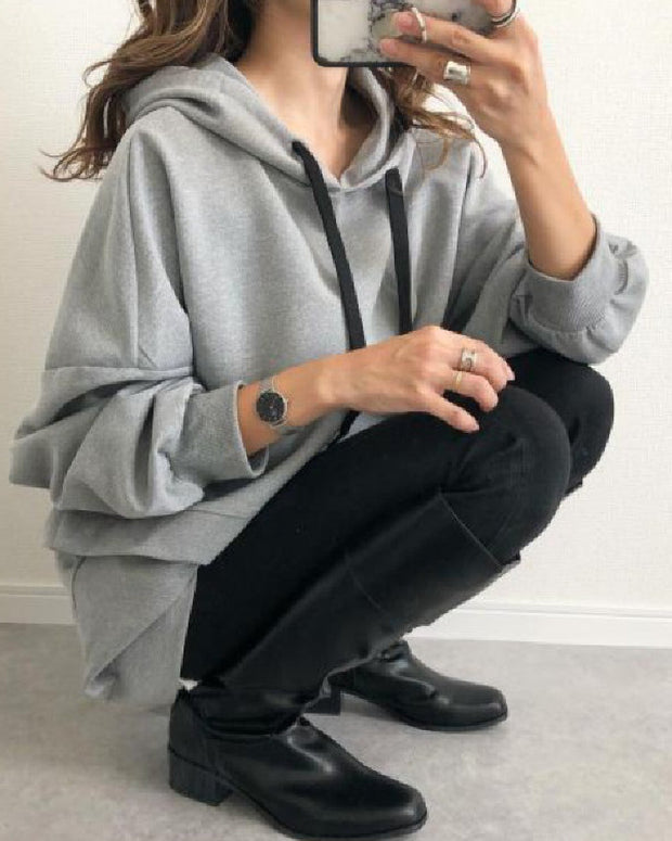 パーカー レディース 長袖 フード付き スウェット ゆったり 無地 グレー 体型カバー カジュアル トップス シンプル 重ね着風 おしゃれ 秋冬新作 ID1752