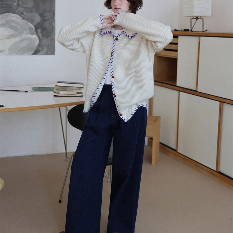 配色ステッチ カーディガン レディース 翻襟 ニットカーディガン ゆったり 長袖 シンプル おしゃれ カジュアル トップス 秋冬 新作 ID2062