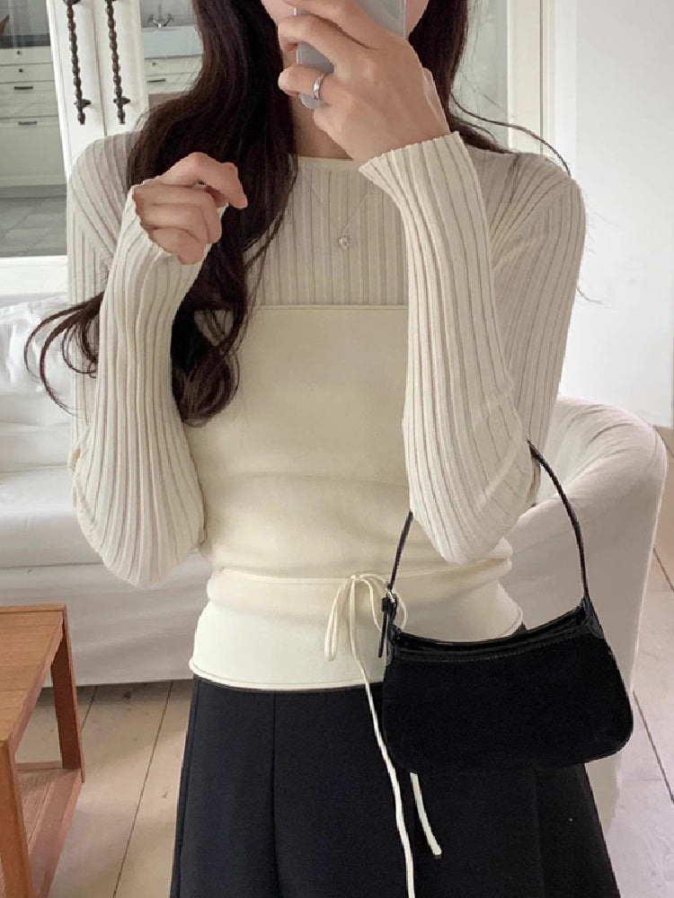 リブニット トップス レディース 細見え ウエストマーク 長袖 きれいめ 体型カバー インナーにも最適 秋冬 カジュアル 通勤コーデ ベーシック おしゃれ 上品 シンプル ID2208
