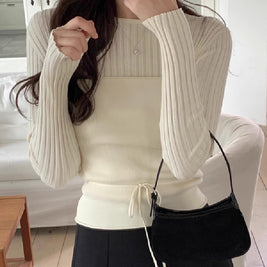 リブニット トップス レディース 細見え ウエストマーク 長袖 きれいめ 体型カバー インナーにも最適 秋冬 カジュアル 通勤コーデ ベーシック おしゃれ 上品 シンプル ID2208