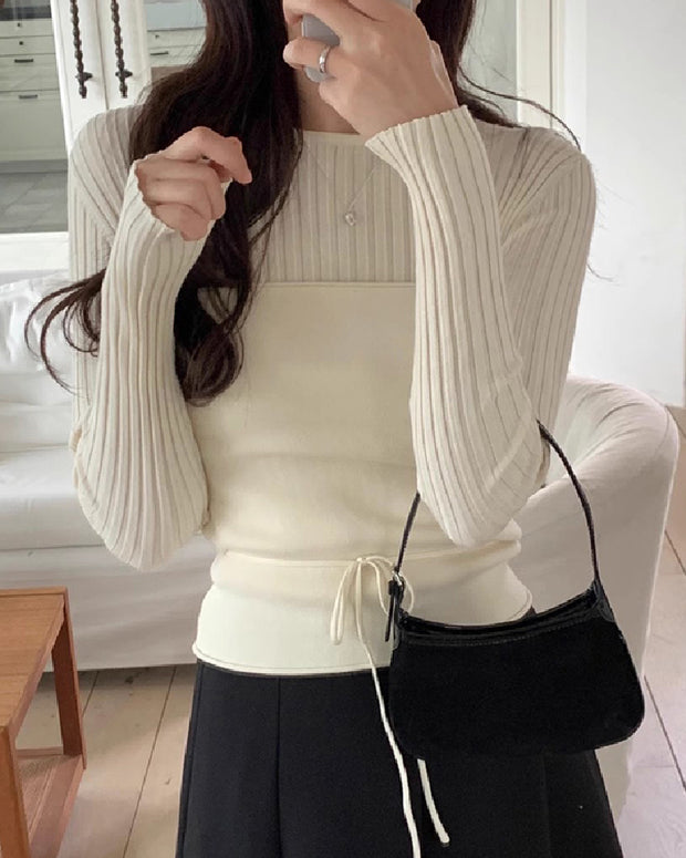 リブニット トップス レディース 細見え ウエストマーク 長袖 きれいめ 体型カバー インナーにも最適 秋冬 カジュアル 通勤コーデ ベーシック おしゃれ 上品 シンプル ID2208