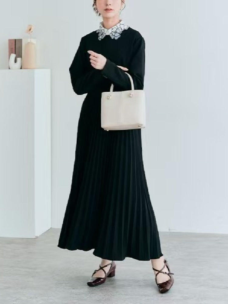 プリーツ ワンピース レディース 長袖 ロング丈 Aライン 体型カバー 上品 エレガント 通勤 フォーマル きれいめ 秋冬 新作 ID2126