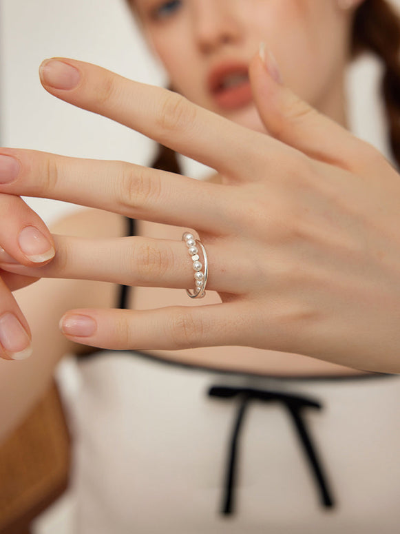 パールリング レディース シルバー S925 素銀 シンプル 上品 重ね風 2連風 デザイン 高見え アクセサリー ID1248