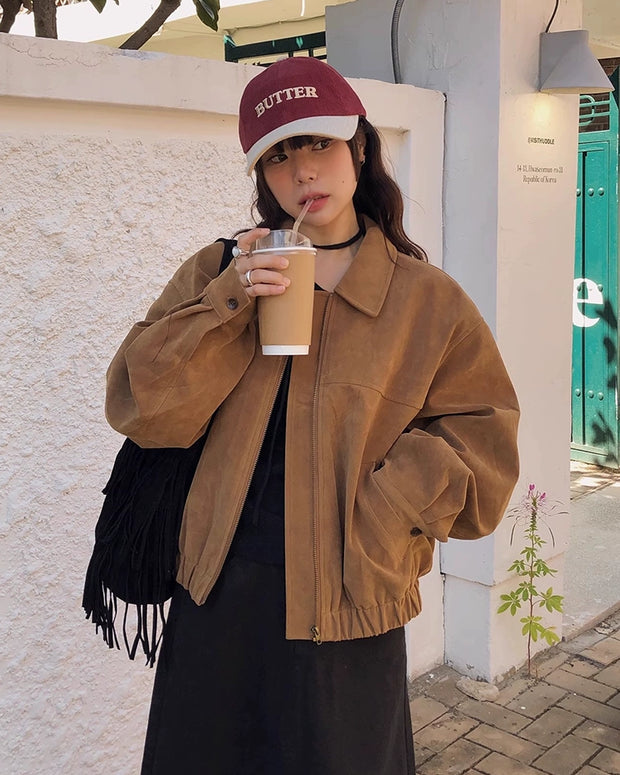 長袖 スエード調 ジャケット レディース カジュアル ゆったり 体型カバー 秋冬 アウター おしゃれ 上品 シンプル ID2277