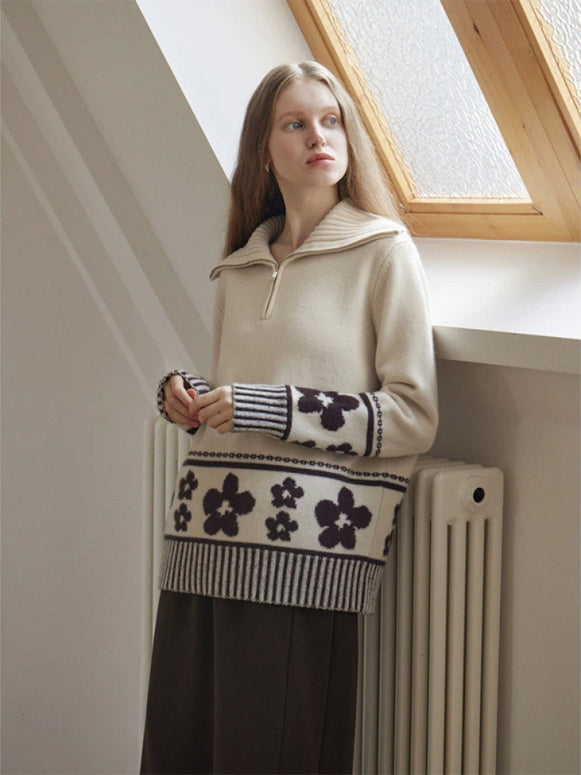 花柄 ジップニット レディース フラワー柄 ハーフジップ ハイネック トップス ゆったり 暖かい かわいい おしゃれ 秋冬 新作 ID2155