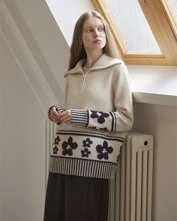 花柄 ジップニット レディース フラワー柄 ハーフジップ ハイネック トップス ゆったり 暖かい かわいい おしゃれ 秋冬 新作 ID2155