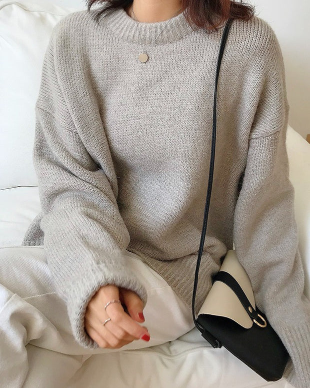 クルーネック ニット セーター レディース 長袖 ゆったり シンプル 無地 体型カバー 大人カジュアル 秋冬 新作 ID2132