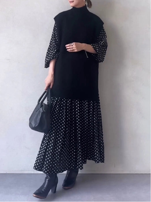 【2点セット】目を奪われる カジュアル ノースリーブ スリット ベスト 春秋 スタイルアップ ハイネック ベスト + ドッド柄 長袖 ワンピース 2点セット ID1659